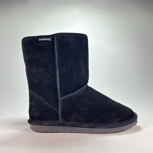 Bearpaw Emma Short Boots Black Suede Faux Fur Lined Cozy Slip On Womens Size 9